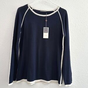 Caroline Grace Sweater Women Large Navy Cashmere Cotton Alashan Minimalist NWT